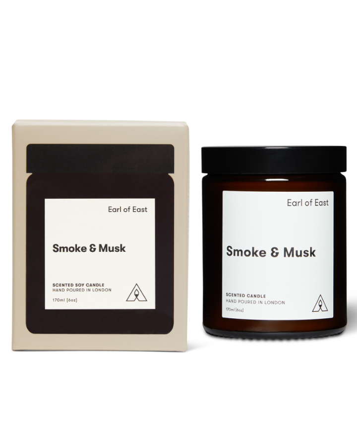 Earl of East Smoke & Musk 170ml candle with its box