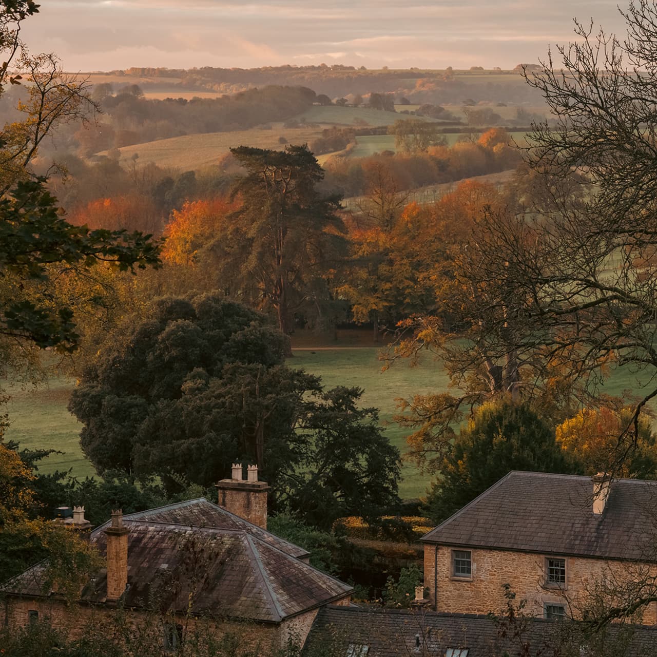 Warm autumn foliage and stone rooftops overlooking a hazy countryside valley