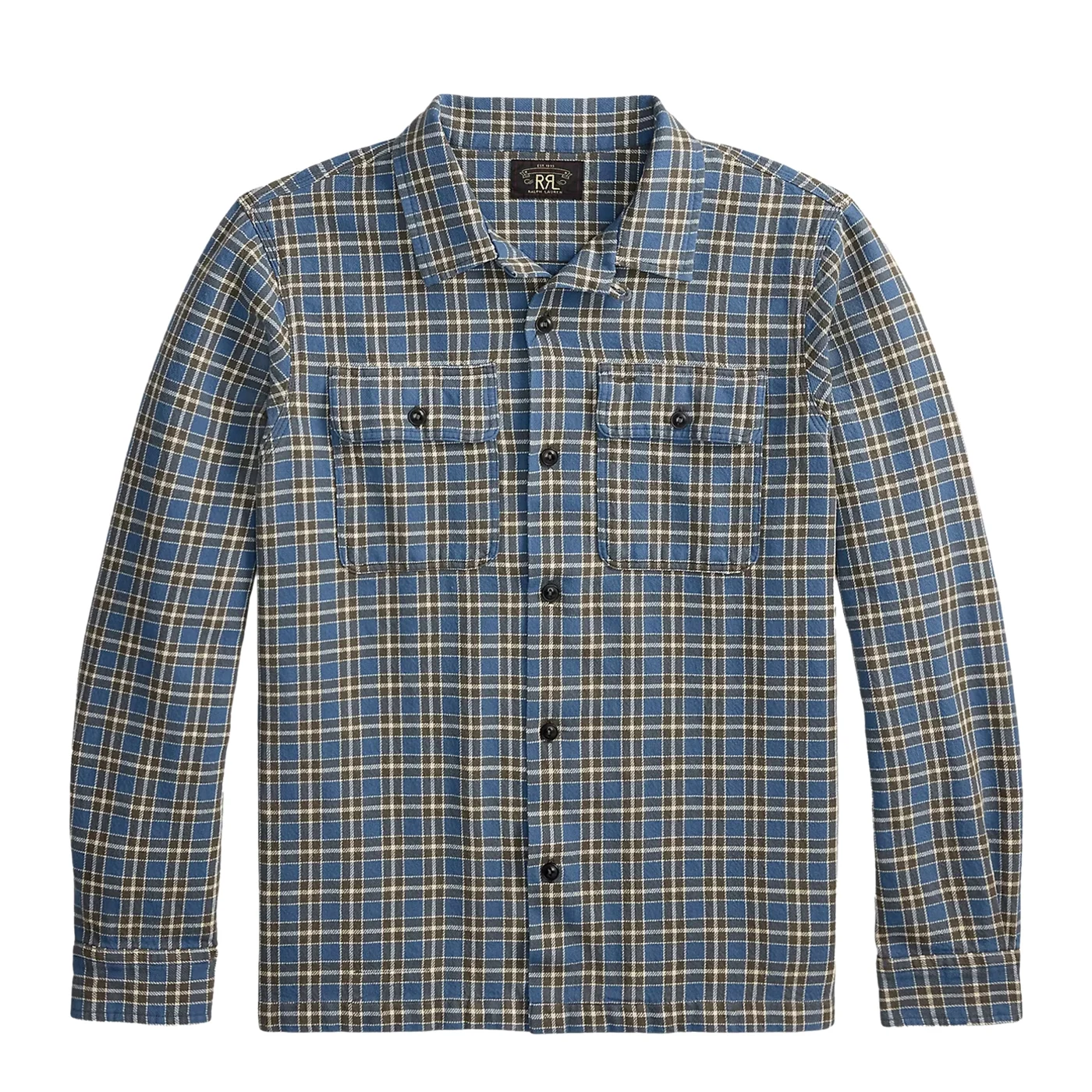 RRL Plaid Twill Camp Shirt in blue and grey