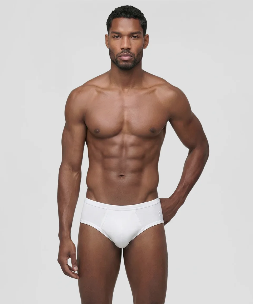 Adult male model wearing RON DORFF Y-Front Briefs in white