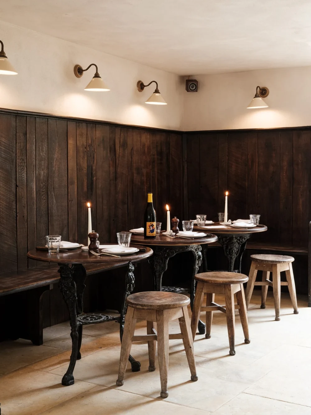 Wine bottle and candlelit tables at The Bull Charlbury.